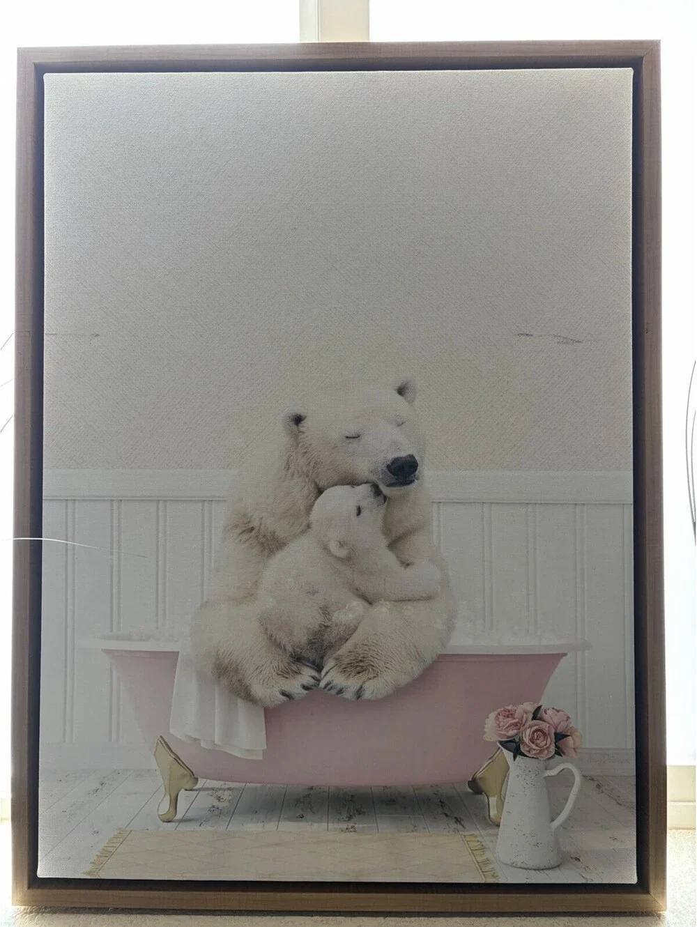 Sylvie Mother and Baby Polar Bear in Pink Bath Tub Framed Canvas Wall Art